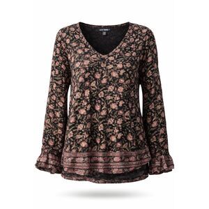 Lucky Brand Floral Boho Top Medium Long Sleeve Blouse Black Pink